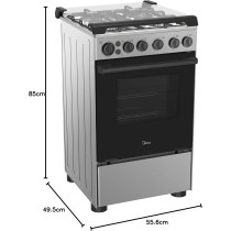 Midea 50 x 55Cm Freestanding Cooker, Full Gas Cooking Range With 4 Burners, Stainless Steel, Automatic Ignition And Full Safety, Cast Iron Pan Support, Mechanical Timer, Heat Resistant Knobs, BME55007FFD