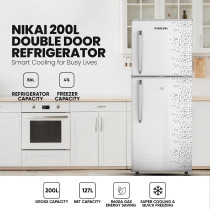 Nikai 200L Gross/127L Net, Double Door Refrigerator, Adjustable Glass Shelves, Defrosting, Temperature Control, Energy Saving R600A Gas, Silent Operation, NRF200DN3M (White)