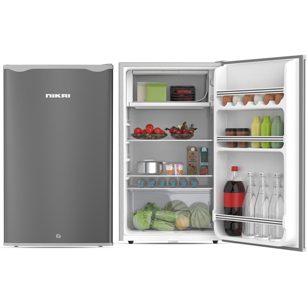 Nikai 125L Gross/90L Net, Single Door Mini Refrigerator, Compact Small Size Fridge With Separate Chiller Compartment, 2 Shelves And Bottle Storage Racks, NRF125SS1 (Silver)