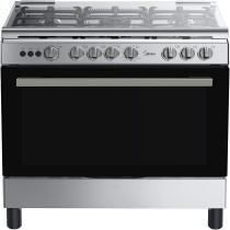 Midea 90 x 60Cm Freestanding Cooker, Full Gas Cooking Range With 5 Burners, Automatic Ignition And Full Safety, Cast Iron Pan Support, Stainless Steel Finish, Separate Knob For Oven And Grill, LME95028FFD