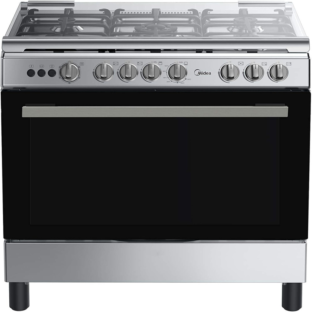 Midea 90 x 60Cm Freestanding Cooker, Full Gas Cooking Range With 5 Burners, Automatic Ignition And Full Safety, Cast Iron Pan Support, Stainless Steel Finish, Separate Knob For Oven And Grill, LME95028FFD