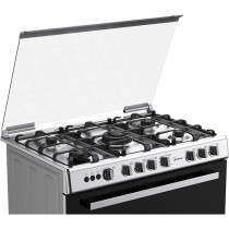 Midea 90 x 60Cm Freestanding Cooker, Full Gas Cooking Range With 5 Burners, Automatic Ignition And Full Safety, Cast Iron Pan Support, Stainless Steel Finish, Separate Knob For Oven And Grill, LME95028FFD