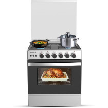 Nikai 60 x 60Cm 4 Burner Full Safety Freestanding Gas Cooker, Auto Ignition, Double Glass Oven Door For Close Door Grilling With Turnspit, Glass Lid And Oven Lamp, U6068FSE1 (Silver/Black)