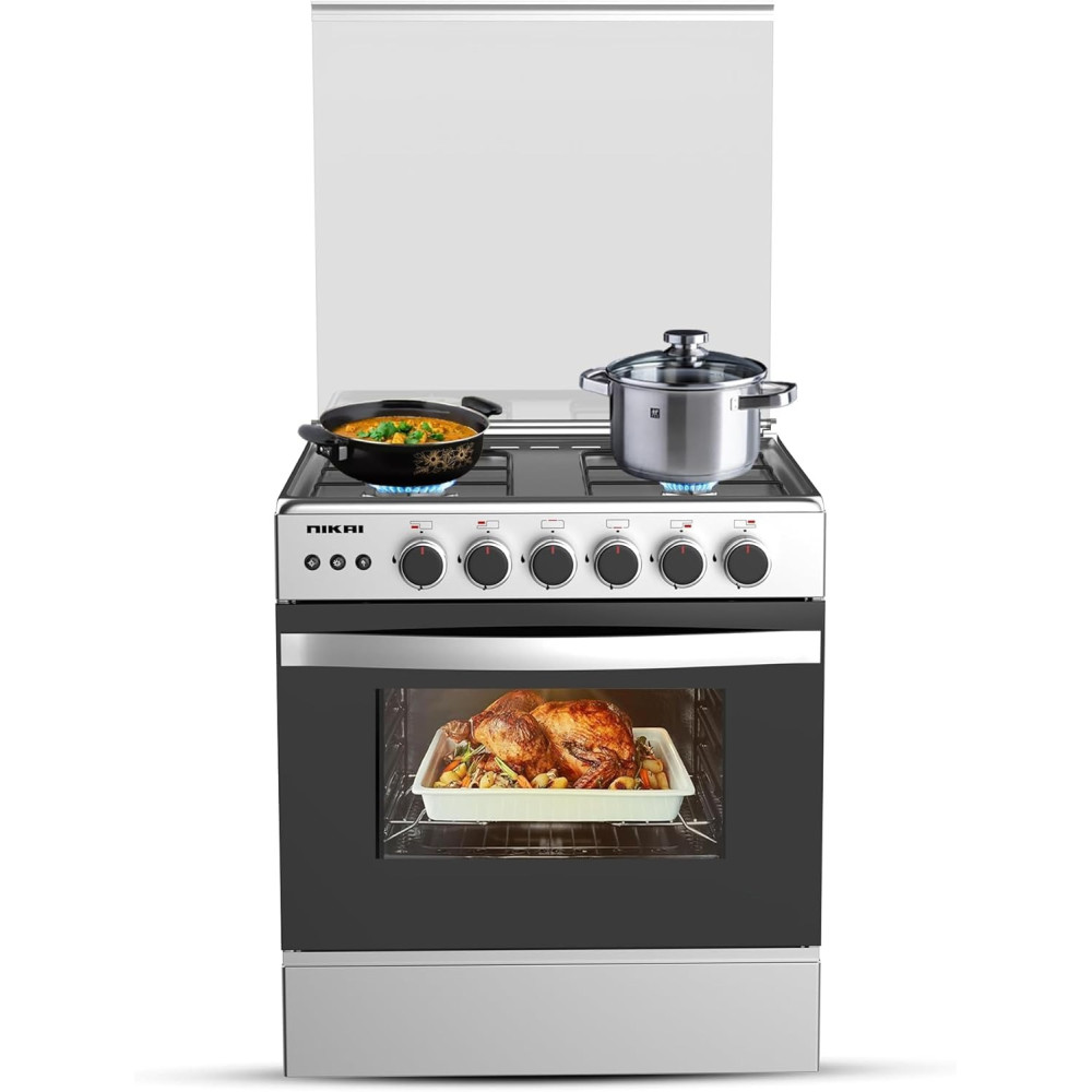 Nikai 60 x 60Cm 4 Burner Full Safety Freestanding Gas Cooker, Auto Ignition, Double Glass Oven Door For Close Door Grilling With Turnspit, Glass Lid And Oven Lamp, U6068FSE1 (Silver/Black)