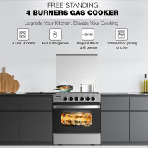 Nikai 60 x 60Cm 4 Burner Full Safety Freestanding Gas Cooker, Auto Ignition, Double Glass Oven Door For Close Door Grilling With Turnspit, Glass Lid And Oven Lamp, U6068FSE1 (Silver/Black)