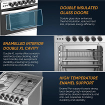 Nikai 60 x 60Cm 4 Burner Full Safety Freestanding Gas Cooker, Auto Ignition, Double Glass Oven Door For Close Door Grilling With Turnspit, Glass Lid And Oven Lamp, U6068FSE1 (Silver/Black)