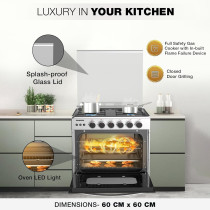 Nikai 60 x 60Cm 4 Burner Full Safety Freestanding Gas Cooker, Auto Ignition, Double Glass Oven Door For Close Door Grilling With Turnspit, Glass Lid And Oven Lamp, U6068FSE1 (Silver/Black)