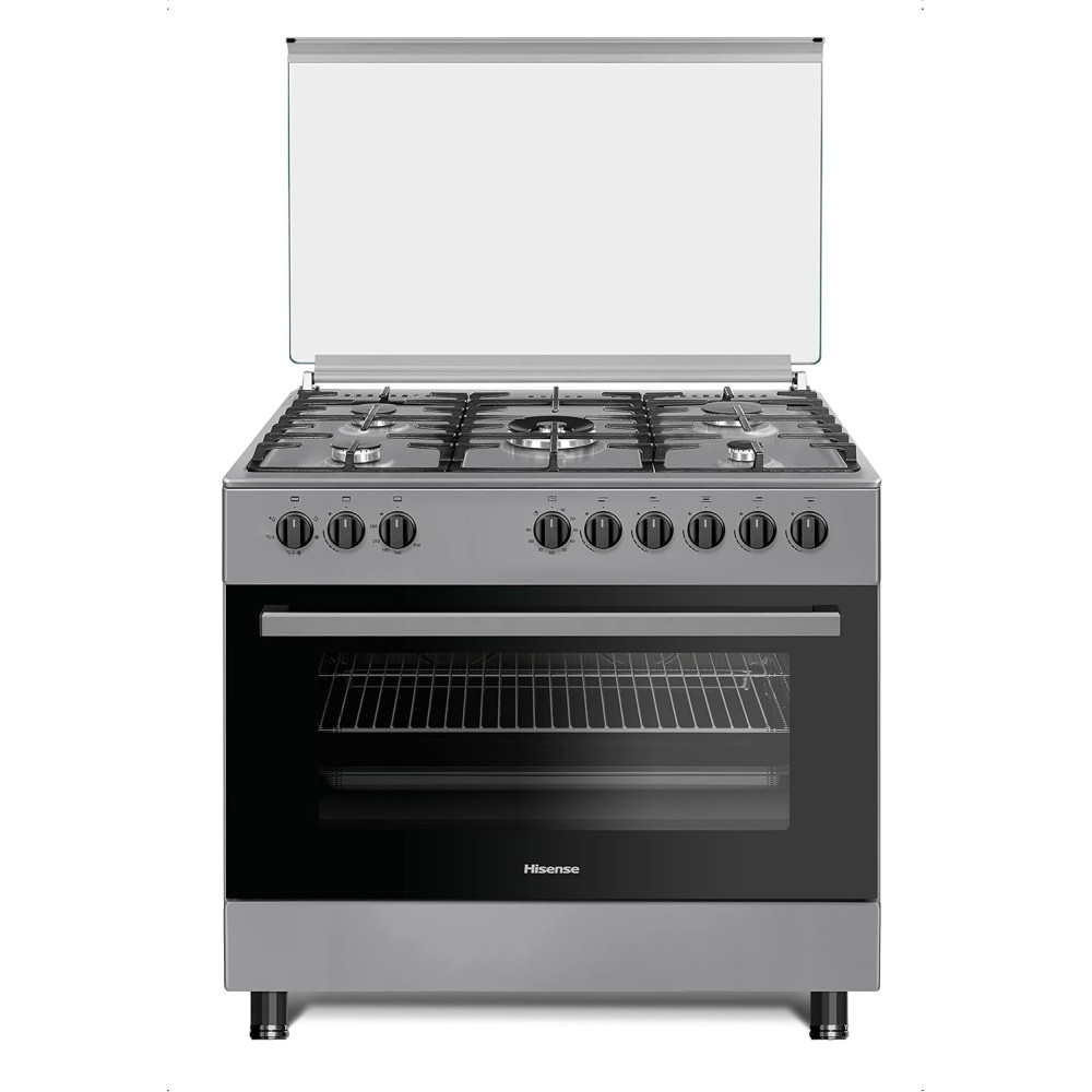 Hisense 90 Cm Freestanding Gas Cooker With Dual Fan, 105 Liters Multifunction Oven, Cast Iron Pan Support, One Hand Ignition, Stainless Steel, HGI9B21S