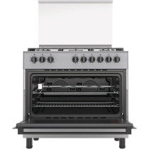Hisense 90 Cm Freestanding Gas Cooker With Dual Fan, 105 Liters Multifunction Oven, Cast Iron Pan Support, One Hand Ignition, Stainless Steel, HGI9B21S