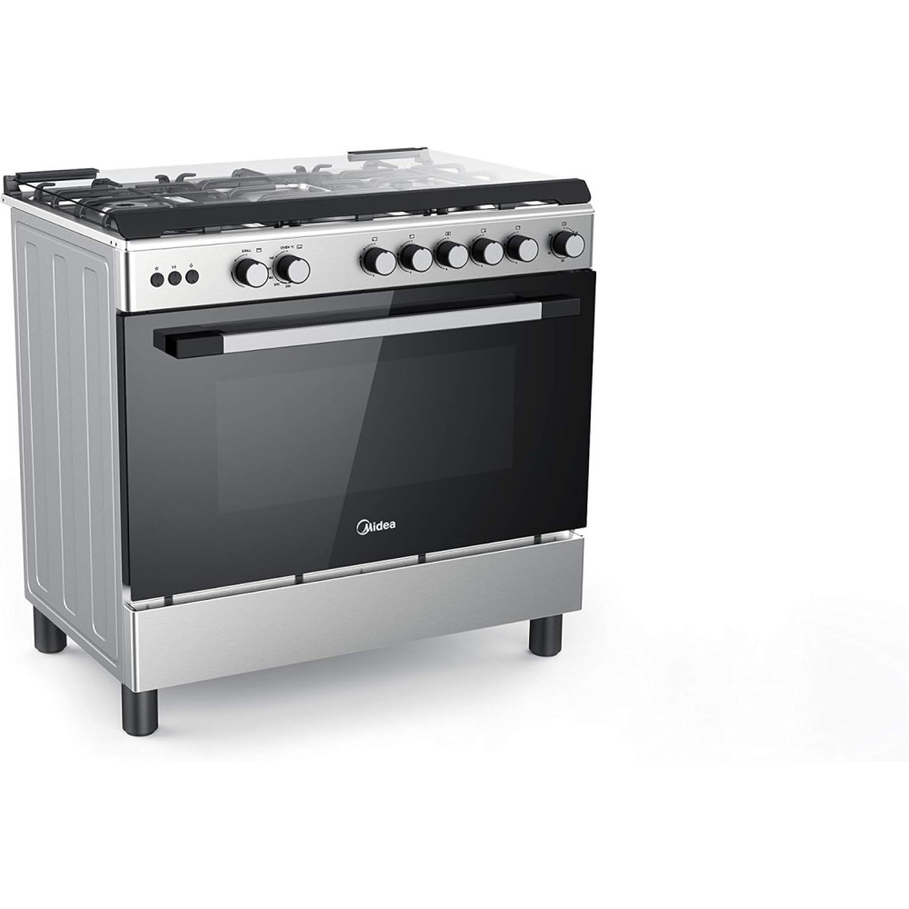 Midea 90 x 60Cm Stainless Steel Freestanding Cooker, Full Gas Cooking Range With Sabaf Italian Burners And Automatic Ignition, Oven Grill Convection And Rotisserie, Cast Iron Pan Support, LME95030FFD-C