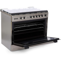 Midea 90 x 60Cm Stainless Steel Freestanding Cooker, Full Gas Cooking Range With Sabaf Italian Burners And Automatic Ignition, Oven Grill Convection And Rotisserie, Cast Iron Pan Support, LME95030FFD-C