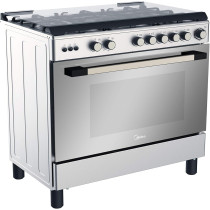 Midea 90 x 60Cm Stainless Steel Freestanding Cooker, Full Gas Cooking Range With Sabaf Italian Burners And Automatic Ignition, Oven Grill Convection And Rotisserie, Cast Iron Pan Support, LME95030FFD-C