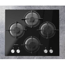 Ariston Built In 60 x 60Cm 4 Burner Gas Hob With Auto Ignition, Full Safety, 9 Flame Levels, Premium Glass Top Finish, Electronic Knob Control, Cast Iron Pan Support, AGS61SBK