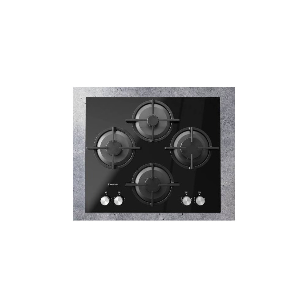 Ariston Built In 60 x 60Cm 4 Burner Gas Hob With Auto Ignition, Full Safety, 9 Flame Levels, Premium Glass Top Finish, Electronic Knob Control, Cast Iron Pan Support, AGS61SBK