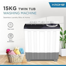 Krome 15Kg Twin Tub Semi-Automatic Washing Machine, Mechanical Wash Timer, Intuitive Control, Durable Aluminium Spin Motor, 460W Wash And 200W Spin Input Power, White, KR-WSA150K