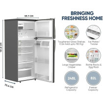 Nikai 425L Gross/254L Net, Double Door Top Mount Refrigerator, No Frost Fridge, Glass Shelves, R600A Refrigerant, Best For Home And Office, NRF425FSS