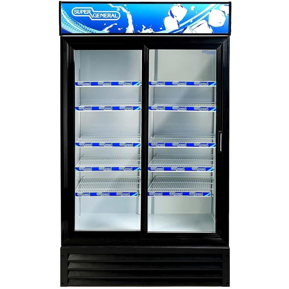 Super General 1200 Liter Gross Double-Door Chiller, Upright Beverage-Showcase, Energy-Saving, Low-Noise, White/Black, Sgsc-1217-Is, 113 x 70 x 202.3 Cm