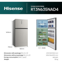 Hisense Two Door Top-Mount 635L Freezer Fridge, Precise Electronic Control, Big Capacity, Total No Frost, 83 x 74.6 x 187 Cm, Silver, RT3N635NAD4