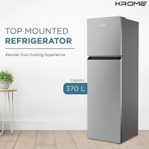 Krome 370L Gross, Top Mount Double Door Refrigerator, Automatic Defrost Freezer, A Plus Energy Efficiency, Big Capacity Fridge, Quick Cooling, Silver, KR-REF370T
