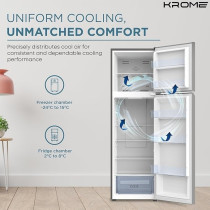 Krome 370L Gross, Top Mount Double Door Refrigerator, Automatic Defrost Freezer, A Plus Energy Efficiency, Big Capacity Fridge, Quick Cooling, Silver, KR-REF370T