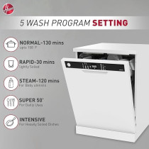 Hoover Freestanding Dishwasher, 12 Place Settings, 5 Programs, Push Button, Delay Start, Half Load Cleaning, Child Safety Lock, Quiet Operation, White, HDW-V512-W