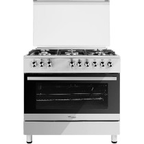 Super General Freestanding Gas-Cooker 5-Burner Full-Safety, Steel Cooker, Gas Oven With Thermostat, Double-Rotisserie, Automatic Ignition, Silver, 90 x 60 x 85 Cm, SGC-9603-FSHG