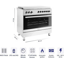 Super General Freestanding Gas-Cooker 5-Burner Full-Safety, Steel Cooker, Gas Oven With Thermostat, Double-Rotisserie, Automatic Ignition, Silver, 90 x 60 x 85 Cm, SGC-9603-FSHG