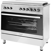 Super General Freestanding Gas-Cooker 5-Burner Full-Safety, Steel Cooker, Gas Oven With Thermostat, Double-Rotisserie, Automatic Ignition, Silver, 90 x 60 x 85 Cm, SGC-9603-FSHG