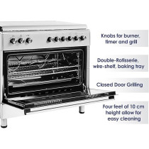 Super General Freestanding Gas-Cooker 5-Burner Full-Safety, Steel Cooker, Gas Oven With Thermostat, Double-Rotisserie, Automatic Ignition, Silver, 90 x 60 x 85 Cm, SGC-9603-FSHG