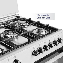 Super General Freestanding Gas-Cooker 5-Burner Full-Safety, Steel Cooker, Gas Oven With Thermostat, Double-Rotisserie, Automatic Ignition, Silver, 90 x 60 x 85 Cm, SGC-9603-FSHG