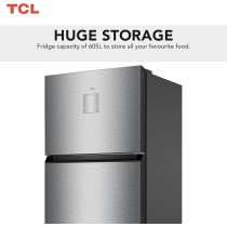 TCL 605L Double Door Refrigerator, No Frost, Electronic Touch Display, Humidity Crisper Control, Twist Ice Maker, Max Space, LED Light, Inox Finish, P605TMN