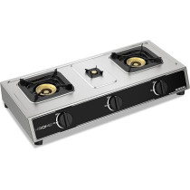 Krome Gas Stove 3 Burners, Auto Ignition, Two 100MM + Single 30MM Brass Burner Cap, LPG Cooktop, Flame Failure Device, Enamel Square Pan Support, CE Approved, Stainless Steel Body, KR-GSFC3041