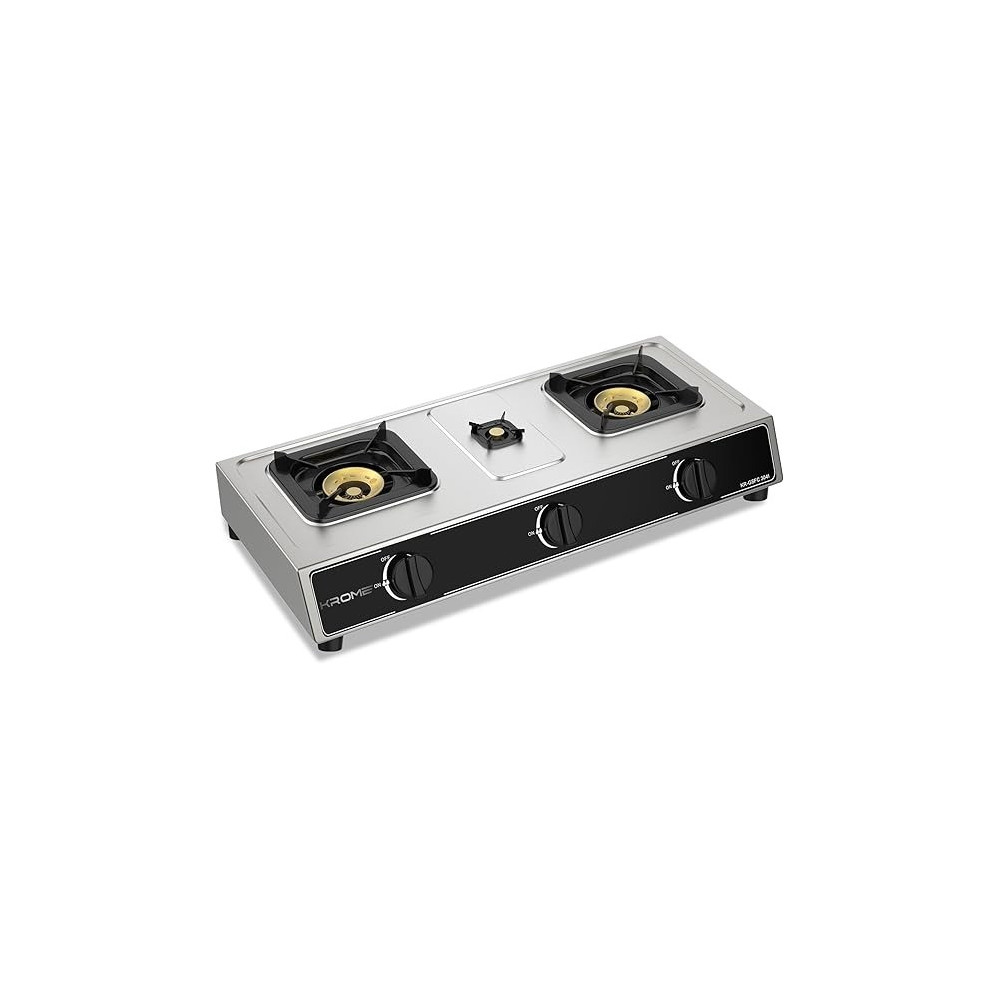 Krome Gas Stove 3 Burners, Auto Ignition, Two 100MM + Single 30MM Brass Burner Cap, LPG Cooktop, Flame Failure Device, Enamel Square Pan Support, CE Approved, Stainless Steel Body, KR-GSFC3041