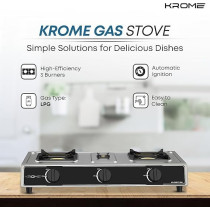 Krome Gas Stove 3 Burners, Auto Ignition, Two 100MM + Single 30MM Brass Burner Cap, LPG Cooktop, Flame Failure Device, Enamel Square Pan Support, CE Approved, Stainless Steel Body, KR-GSFC3041