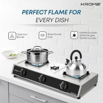 Krome Gas Stove 3 Burners, Auto Ignition, Two 100MM + Single 30MM Brass Burner Cap, LPG Cooktop, Flame Failure Device, Enamel Square Pan Support, CE Approved, Stainless Steel Body, KR-GSFC3041