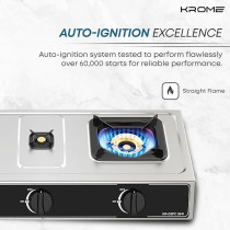 Krome Gas Stove 3 Burners, Auto Ignition, Two 100MM + Single 30MM Brass Burner Cap, LPG Cooktop, Flame Failure Device, Enamel Square Pan Support, CE Approved, Stainless Steel Body, KR-GSFC3041