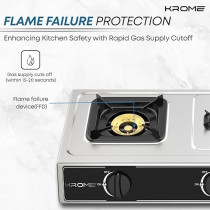 Krome Gas Stove 3 Burners, Auto Ignition, Two 100MM + Single 30MM Brass Burner Cap, LPG Cooktop, Flame Failure Device, Enamel Square Pan Support, CE Approved, Stainless Steel Body, KR-GSFC3041