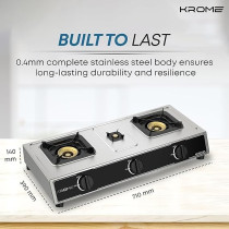 Krome Gas Stove 3 Burners, Auto Ignition, Two 100MM + Single 30MM Brass Burner Cap, LPG Cooktop, Flame Failure Device, Enamel Square Pan Support, CE Approved, Stainless Steel Body, KR-GSFC3041