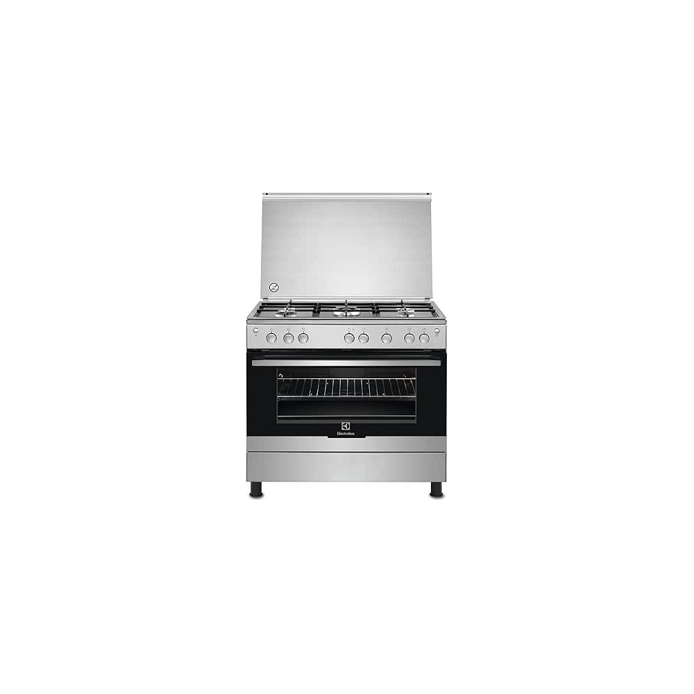Electrolux 90 x 60cm Freestanding Cooker, Full Gas Cooking Range With 5 Burners, Cast Iron Pan Support, European Quality Oven With One Hand Automatic Ignition And Thermocouple Safety, Silver, EKG9000A4X