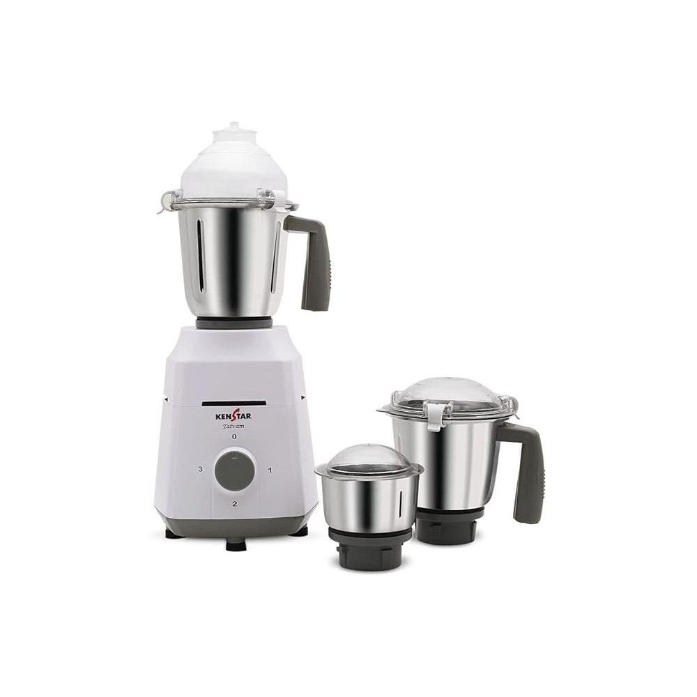 Kenstar Mixer Grinder With Powerplus Hybrid Motor and 3 Multi Function Stainless Steel Jars 500W (1000, Watts), Silver/White