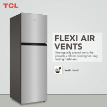 TCL 324L Double Door Refrigerator, No Frost, Humidity Crisper Control, Holiday Function, And Freeze, LED Light, Adjustable Glass Shelves, Inox Finish, P324TMN