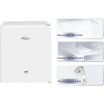 Super General 60 Liter Gross Volume Compact Mini-Refrigerator SGR-035-H, White Beverage-Fridge With Child Lock, Shelf, Freezer-Box, Reversible Door, 51 x 44 x 47 cm, White