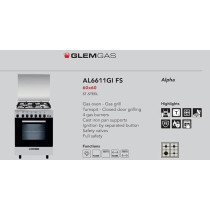 Glemgas 60 x 60 cm 4 Burners Gas Cooker and Gas Oven Model AL6611GI, Silver