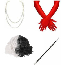 Braingiggles Cruella Costume For Women Halloween Costume Women, Black And White Wig, Red Gloves And Necklace
