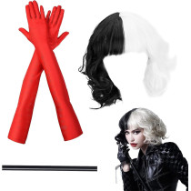 Braingiggles Cruella Costume For Women Halloween Costume Women, Black And White Wig, Red Gloves And Necklace
