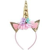 Braingiggles Unicorn Headband Ears Photo Props Girl Birthday Outfit Cheeks Gold Glitter Horn Headband Flowers Headwear Accessory For Party Decoration Cosplay Costume