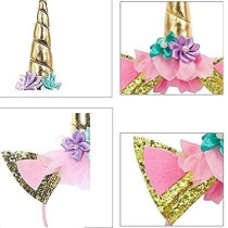 Braingiggles Unicorn Headband Ears Photo Props Girl Birthday Outfit Cheeks Gold Glitter Horn Headband Flowers Headwear Accessory For Party Decoration Cosplay Costume