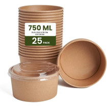 Ecoway Compostable Heavy Duty Made Of Paper, 750 Ml, Pack Of 25, Disposable Bowls Eco-Friendly Biodegradable Perfect For Salad, Soup, Dessert, Brown