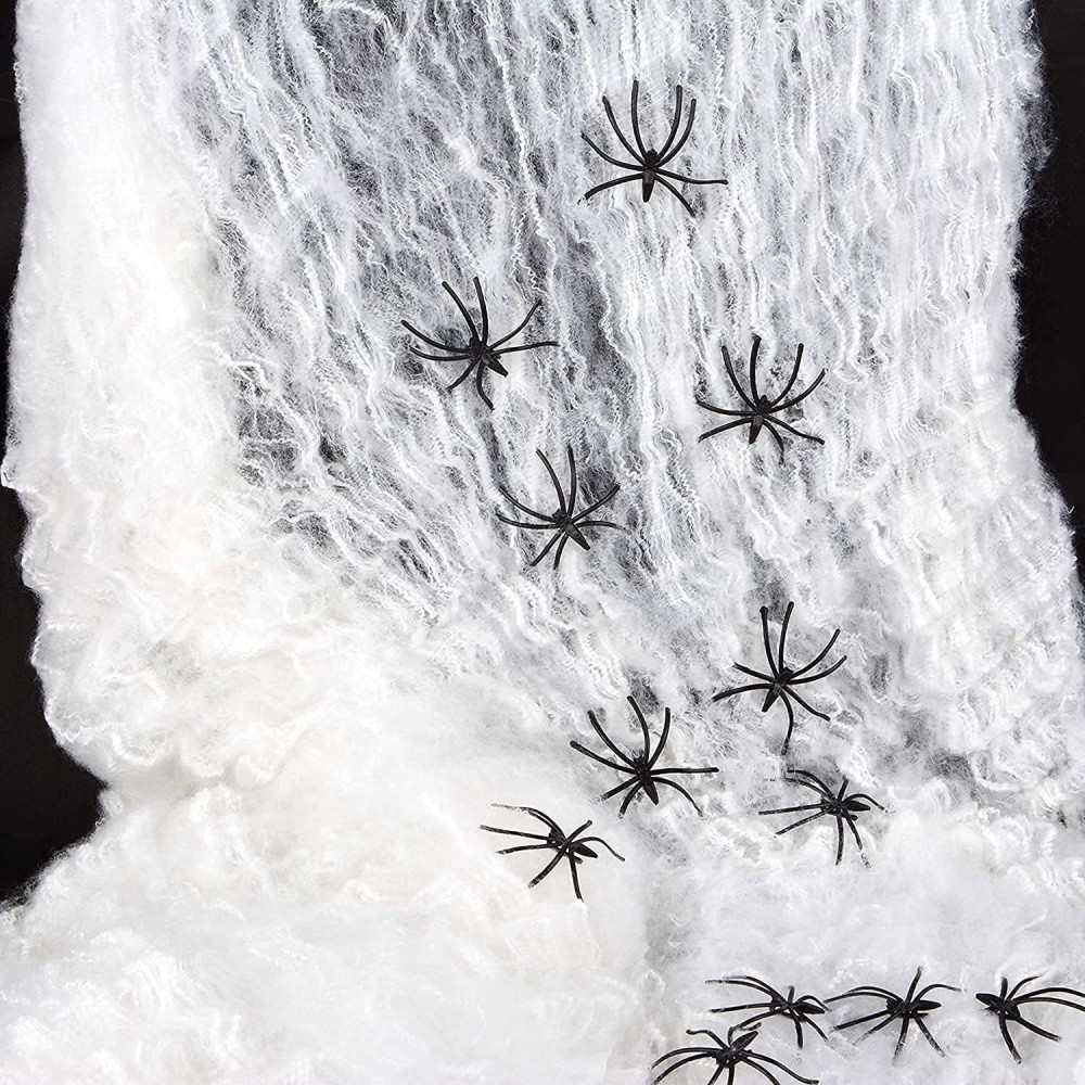 Braingiggles Spooky Halloween Spider Web With 4 Black Spiders, Stretchable 40 Gms White Cobweb For Yard, House, And Haunted House