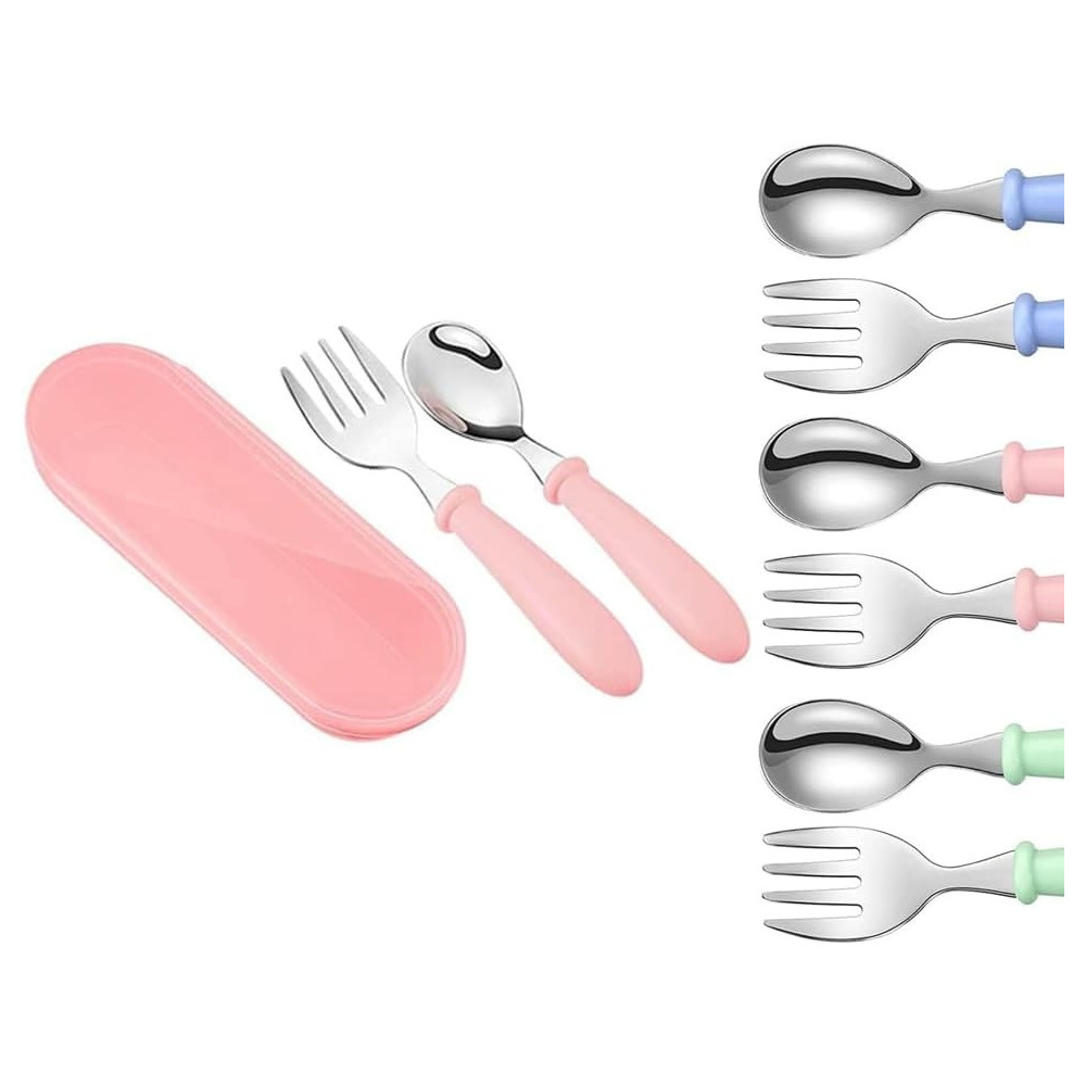 Braingiggles Kids Cutlery Set With Case, Round Edge Stainless Steel, Bpa Free Spoon And Fork, Hygienic 304 Stainless Steel For School, Picnic, Outing (Pink)